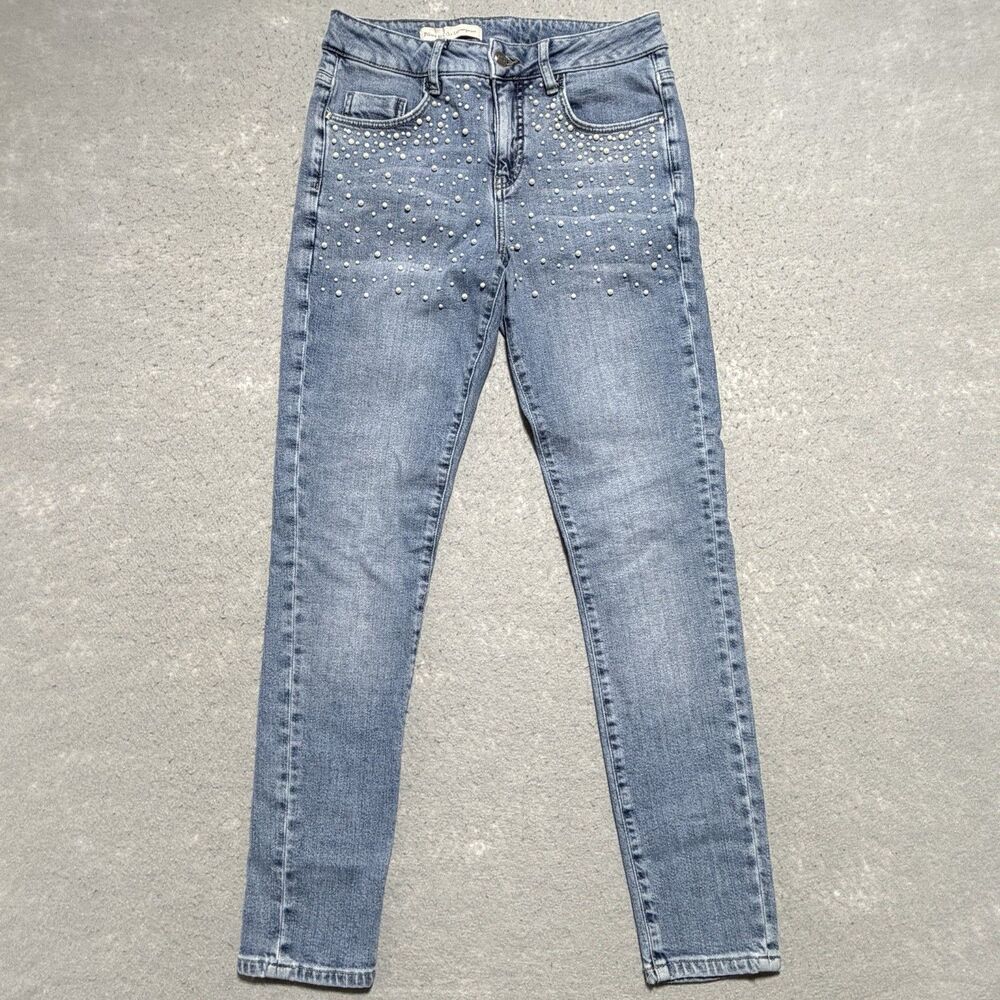 Pilcro and the Letterpress Jeans Womens 27 Blue Pearl Embellished Script Skinny